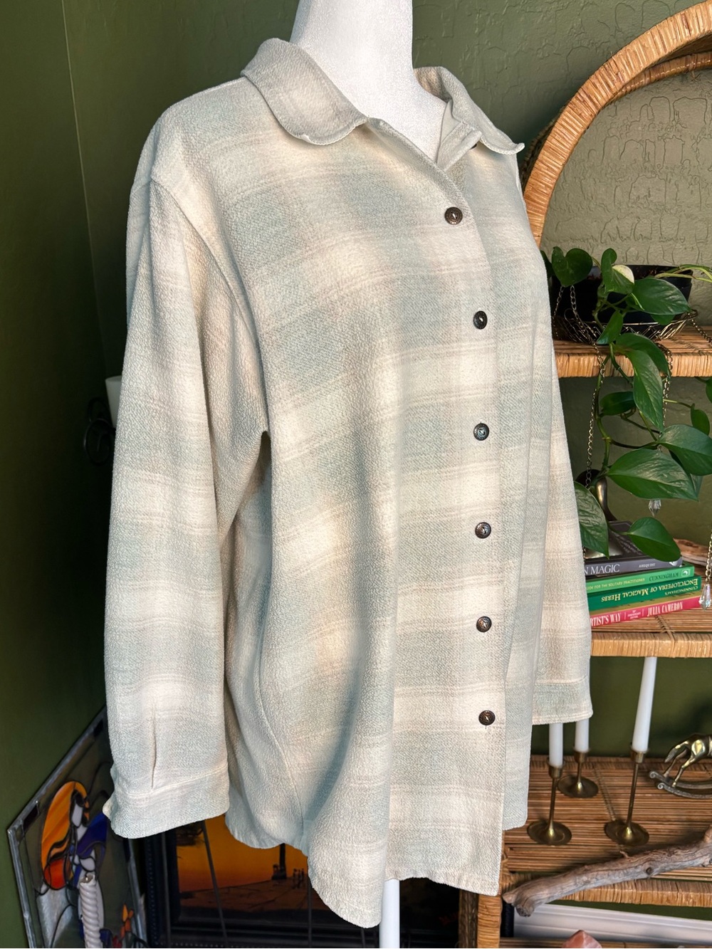 VTG Unique Button-Up Jacket — Soft Sage Light Blue and Cream Plaid Gingham